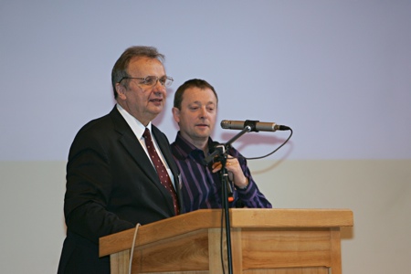 President of the Baltic Union Conference pastor Valdis Zilgalvis (from the left) gives his report to the Constituency meeting [Rīga, Latvia] 2009.06.04.